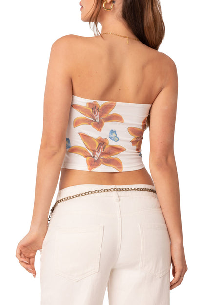 Edikted Tiger Lily Print Cotton Tube Top - Small