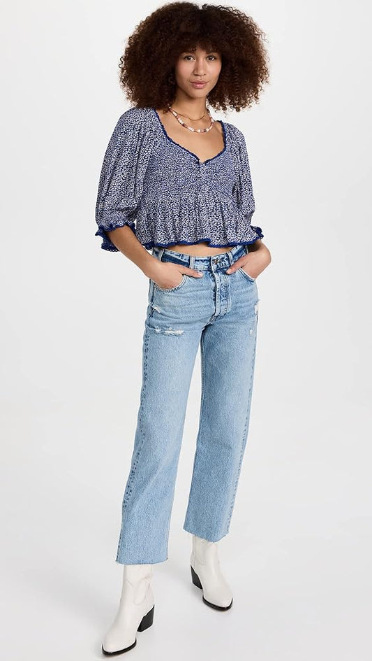 Free People Britnee Blue Floral Crop Blouse - XS