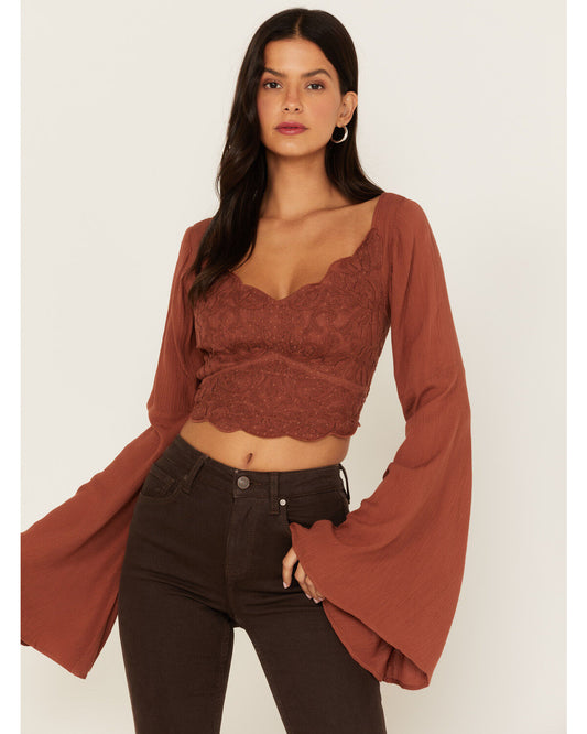 Shyanne Rust Lace Floral Bell Sleeve Blouse - Medium