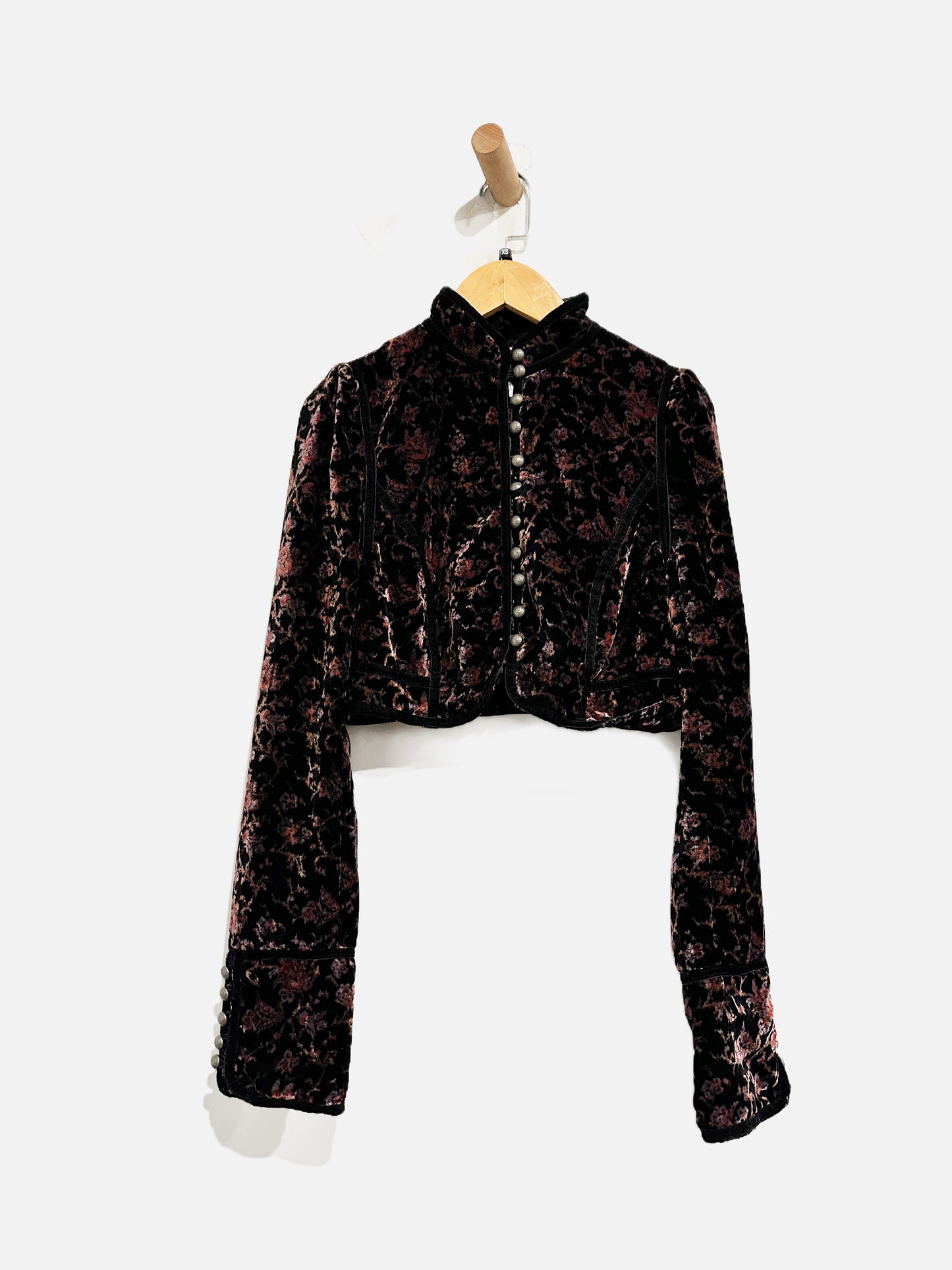 Free People Black Velvet Floral Military Jacket - 2