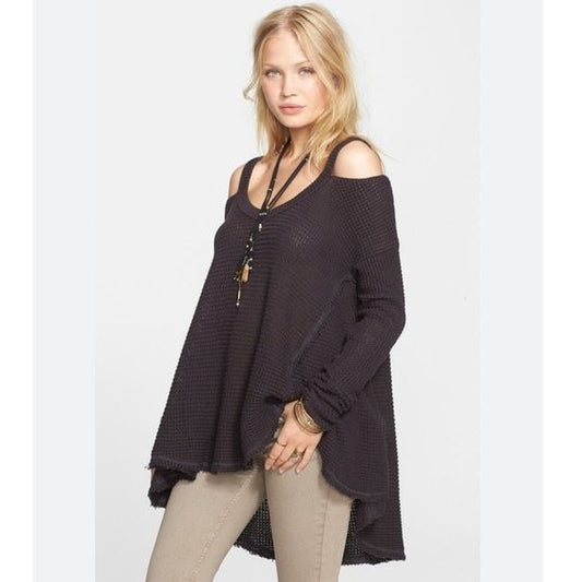 Free People Moonshine V-Neck Charcoal Distressed Waffle Knit Sweater Size Small