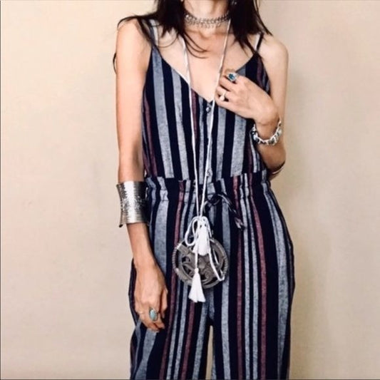 Splendid Crosshatch Boho Striped Linen Blend Jumpsuit Size Medium