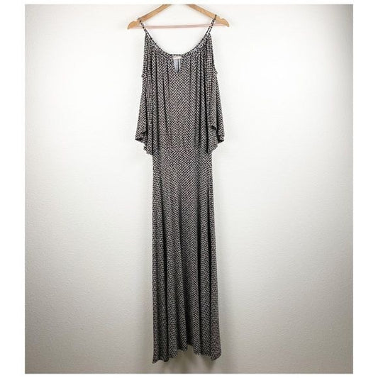 Veronicam. Black and White Chevron Cold Shoulder Maxi Dress Size XS