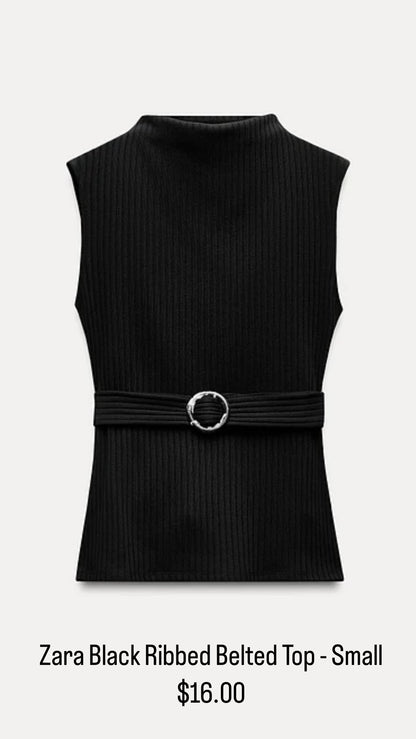 Zara Black Ribbed Belted Top - Small