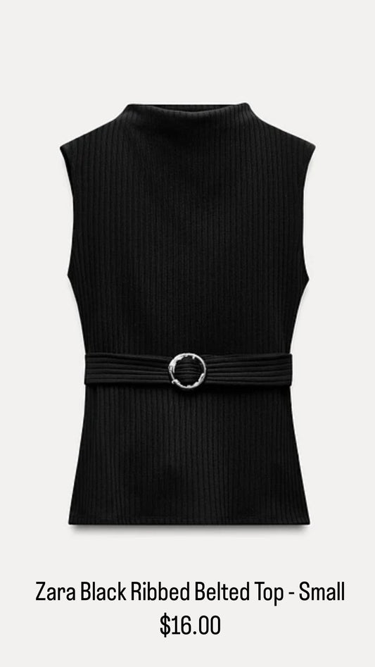 Zara Black Ribbed Belted Top - Small