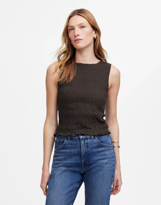 Madewell Smocked Boatneck Tank in Soft Charcoal - Small