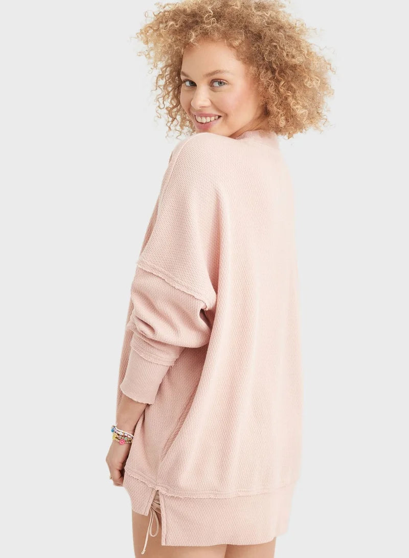 Aerie The Happiest Texture Oversized Crewneck Sweatshirt in Paper Pink - Large