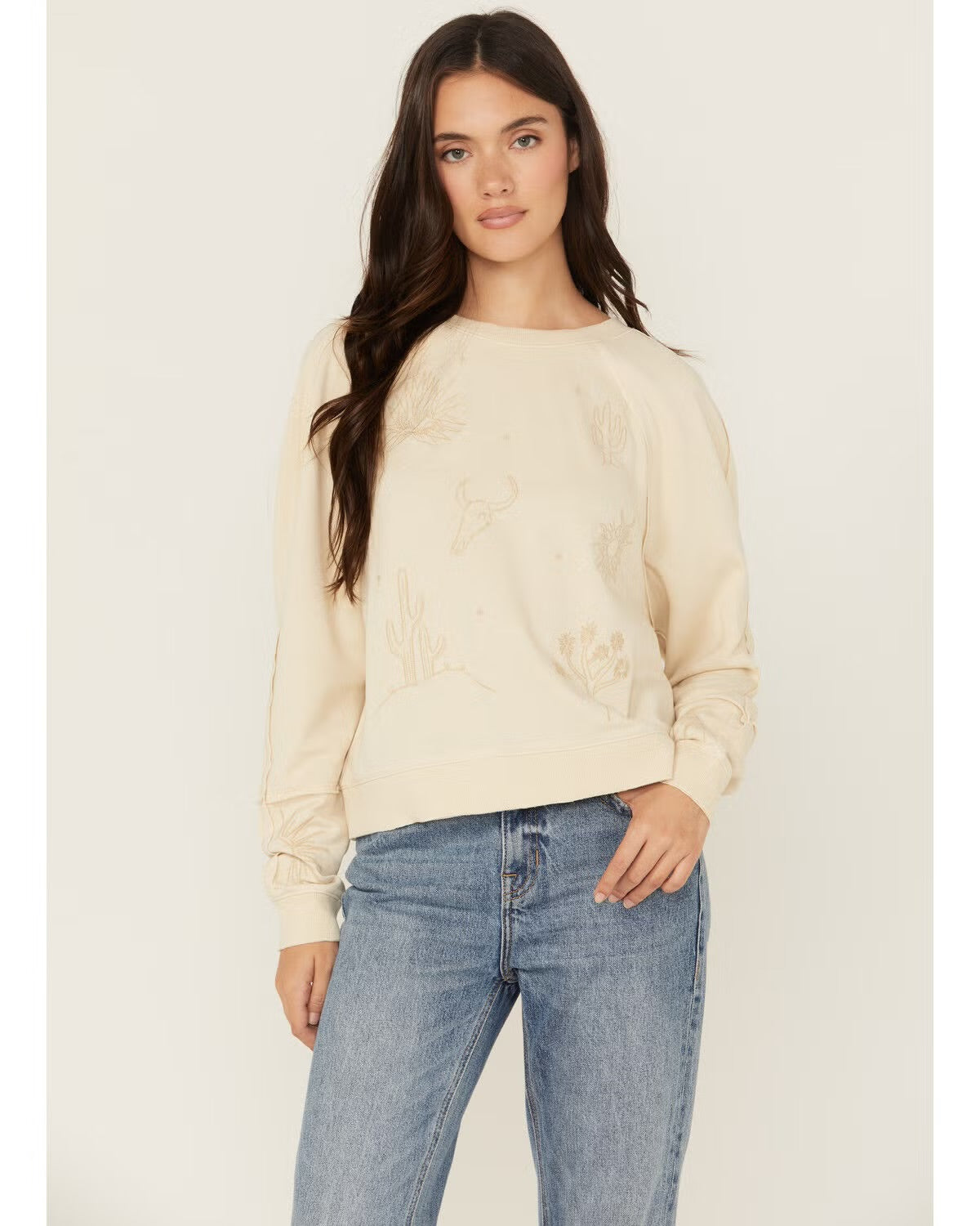 Cleo + Wolf Embroidered Long Sleeve Shirt in Sand - Medium