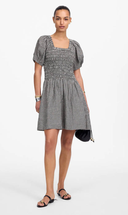 Madewell Smocked U-Neck Mini Dress in Black White Gingham - XS