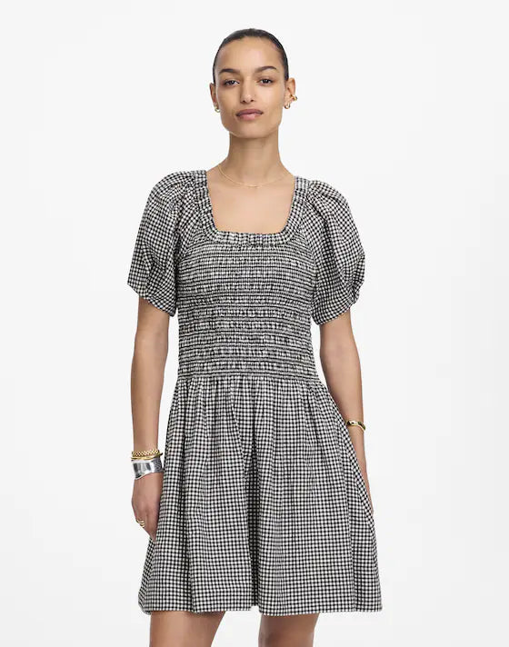Madewell Smocked U-Neck Mini Dress in Black White Gingham - XS
