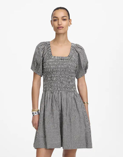 Madewell Smocked U-Neck Mini Dress in Black White Gingham - XS