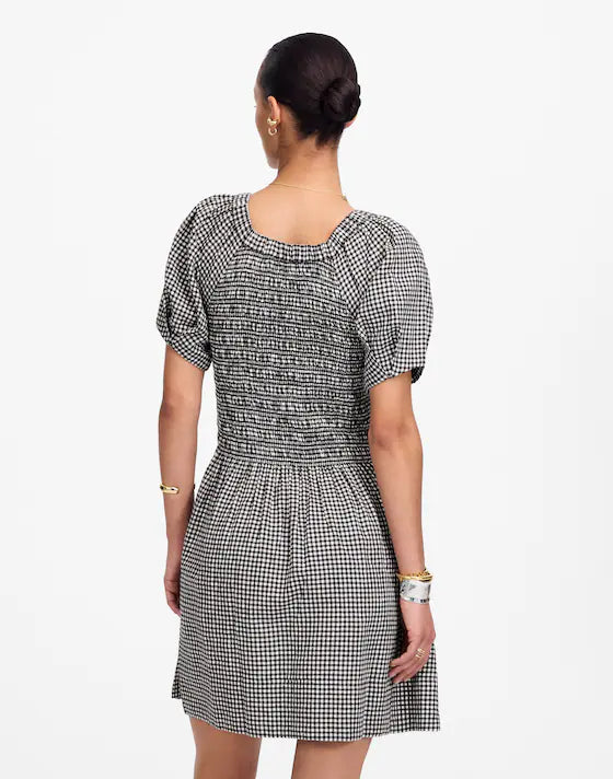 Madewell Smocked U-Neck Mini Dress in Black White Gingham - XS