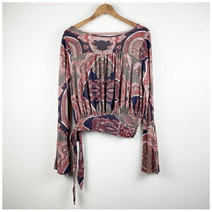 Free People Fiona Paisley Print Bell Sleeve Top Size Small
