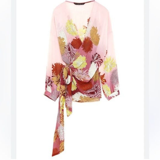 Zara Pink Floral Wrap Top Size Small