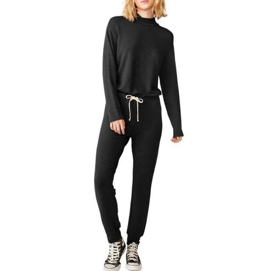 Monrow Super-soft Mock Neck Long-Sleeve Jumpsuit in Black Size Medium