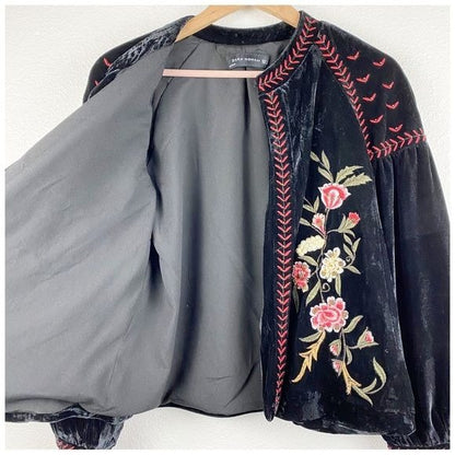 Zara Black Velvet Embroidered Jacket Size Small