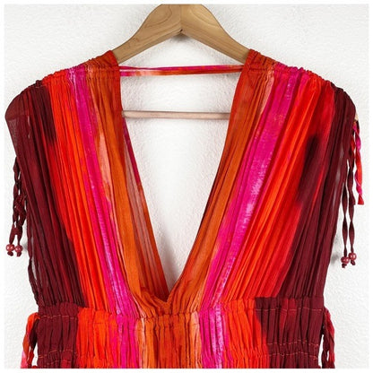 Zara Sleeveless V-Neck Beaded Appliques Tie Dye Midi Dress Size Medium