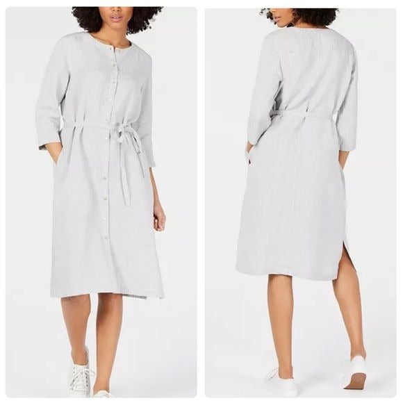 Eileen Fisher NWT Organic Linen Belted Shirtdress in Pearl Size Large