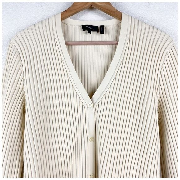 Theory Ottoman Stitch Ribbed Cardigan in Crema Size Large