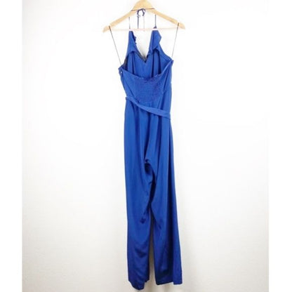 Yumi Kim Silk Blue Halter Wide Leg Jumpsuit - Large