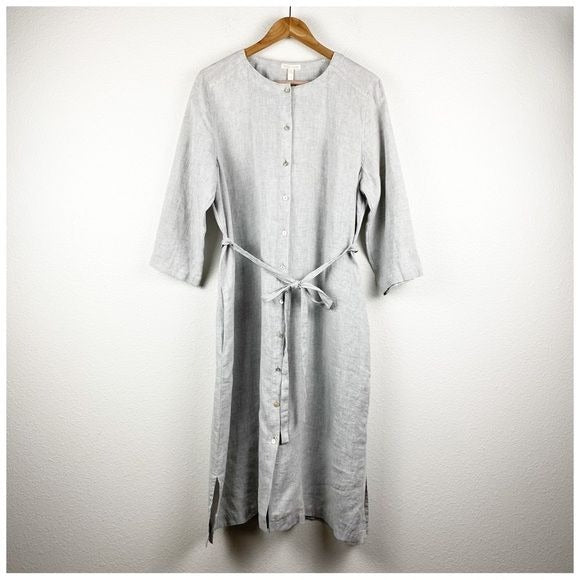 Eileen Fisher NWT Organic Linen Belted Shirtdress in Pearl Size Large