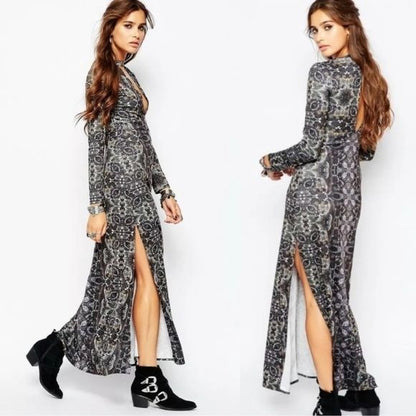 Free People Cabaret Long Sleeve Maxi Dress Dark Combo Size Large