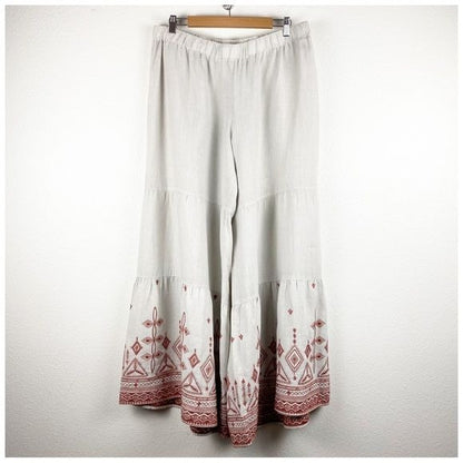 Johnny Was Los Angeles Beige Embroidered Linen Pants Size Large