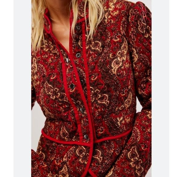 Free People Zoey Quilted Jacket in Cherry Combo Size Small