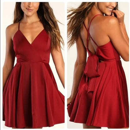 NWT Lulus Add Some Glam Wine Red Satin Tie-Back Skater Dress Size Large