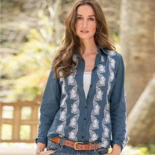 Sundance Blue Butterfly Embroidered Button Down Size 12