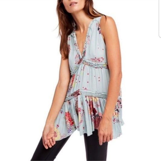 Free People Blue Haze Floral Tiered Tunic Size XS