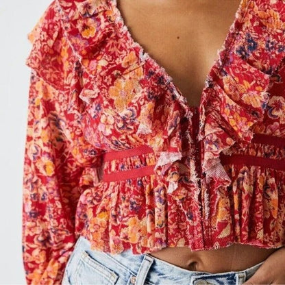 Free People Rudi Ruffle Top in Cherry Combo Size Small