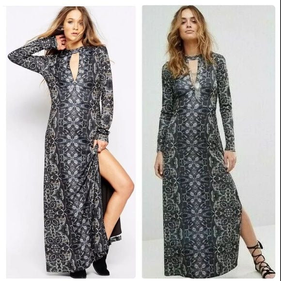 Free People Cabaret Long Sleeve Maxi Dress Dark Combo Size Large