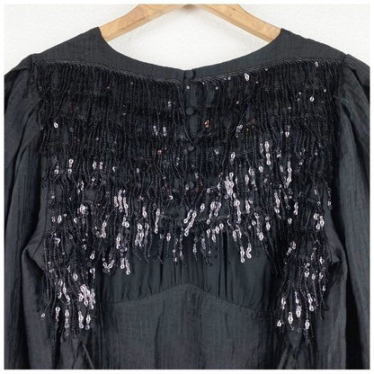 Anthropologie Current Air Black Fringe Sequin Top Size Medium