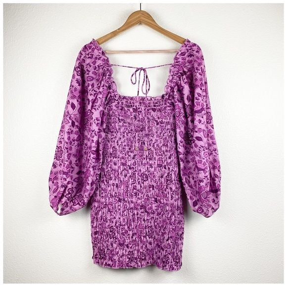 Free People Smock it to me Purple Floral Mini Dress Size XS