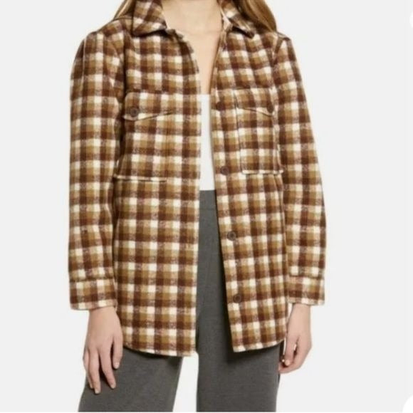 Treasure & Bond Puff Sleeve Button Shacket Olive-brown Jade Check Size Small