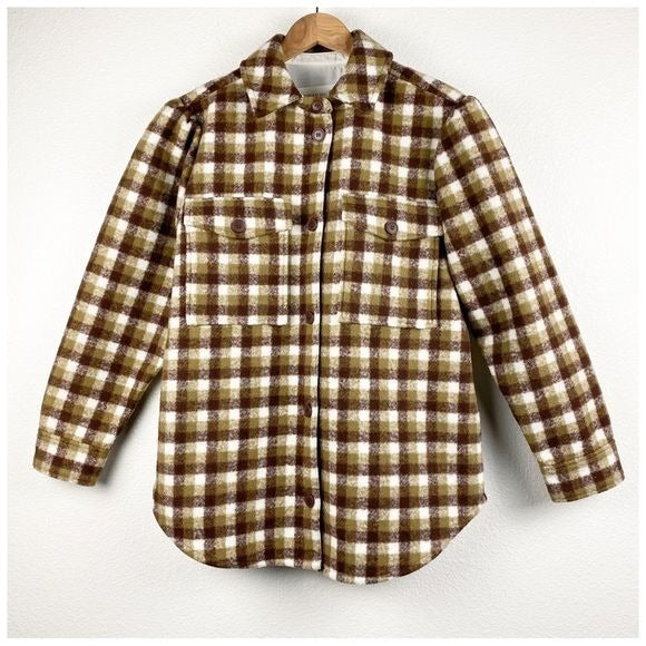 Treasure & Bond Puff Sleeve Button Shacket Olive-brown Jade Check Size Small