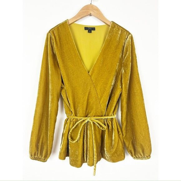 J.Crew Mustard Yellow Velvet Faux Wrap Top - 4