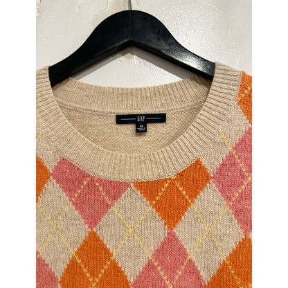 Gap Y2K Beige, Pink, Orange Argyle Lambswool Blend Sweater - Medium