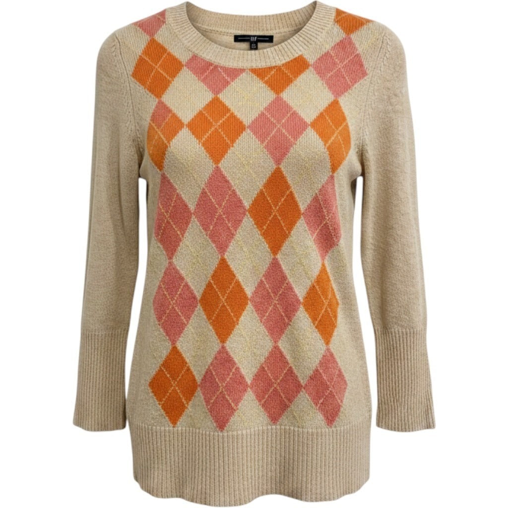 Gap Y2K Beige, Pink, Orange Argyle Lambswool Blend Sweater - Medium