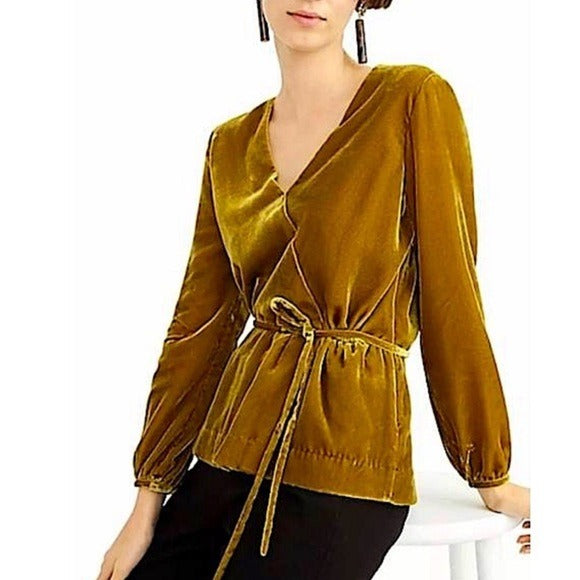 J.Crew Mustard Yellow Velvet Faux Wrap Top - 4