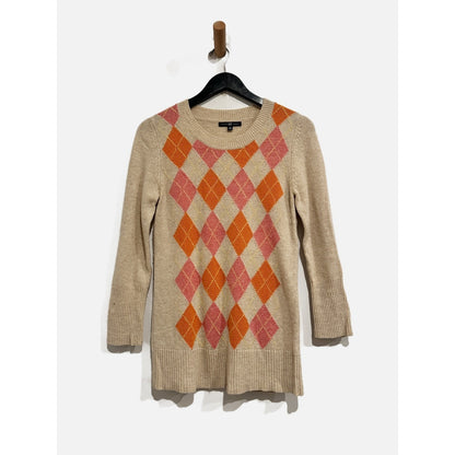 Gap Y2K Beige, Pink, Orange Argyle Lambswool Blend Sweater - Medium