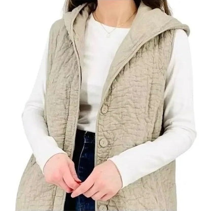 Eileen Fisher Cotton Quilted Hooded Vest in Beige - Petite Medium