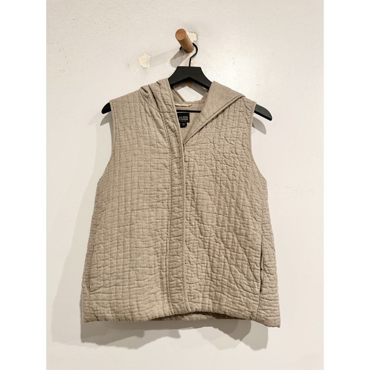 Eileen Fisher Cotton Quilted Hooded Vest in Beige - Petite Medium