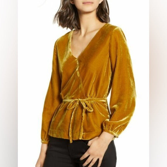 J.Crew Mustard Yellow Velvet Faux Wrap Top - 4