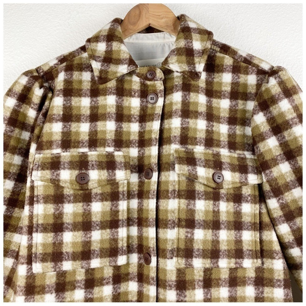 Treasure & Bond Puff Sleeve Button Shacket Olive-Brown Check - Small