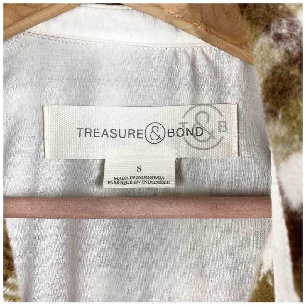 Treasure & Bond Puff Sleeve Button Shacket Olive-Brown Check - Small
