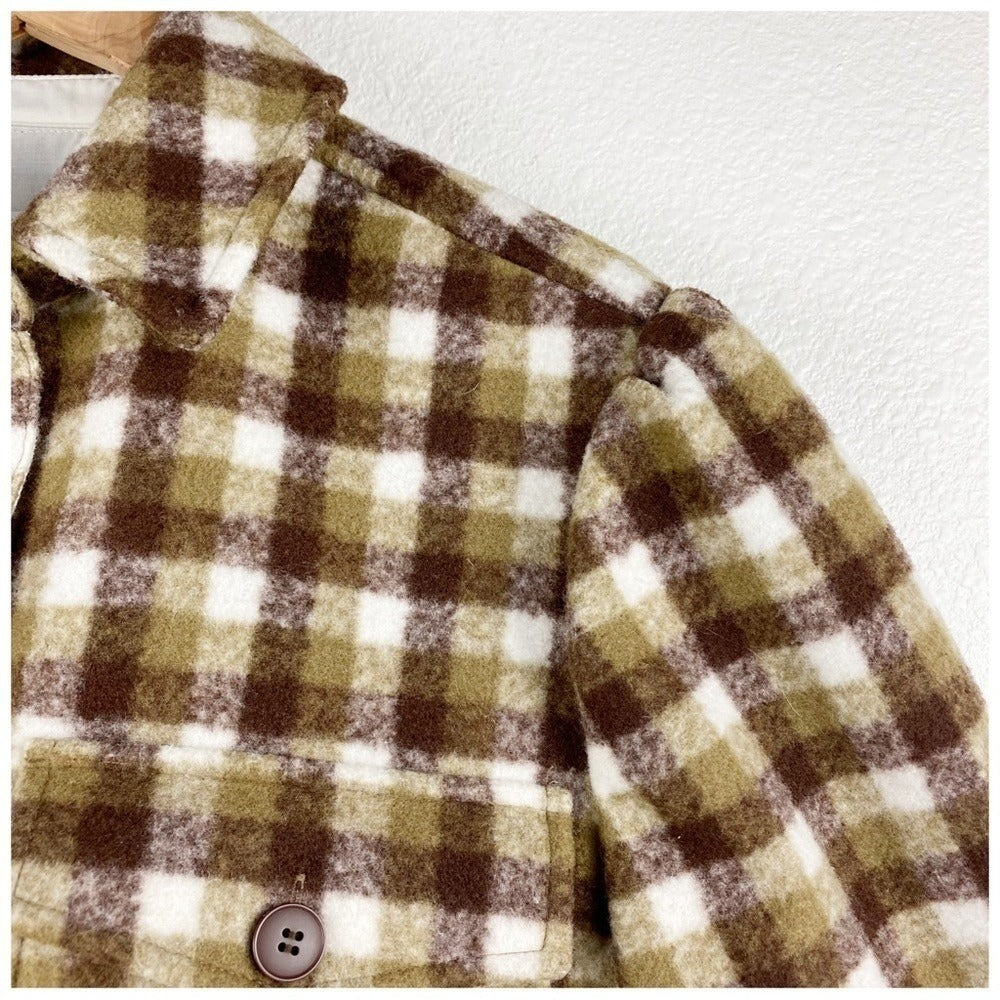 Treasure & Bond Puff Sleeve Button Shacket Olive-Brown Check - Small