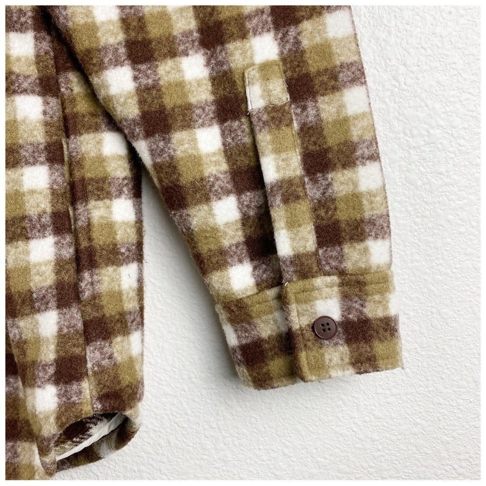 Treasure & Bond Puff Sleeve Button Shacket Olive-Brown Check - Small