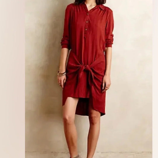 Anthropologie Maeve Bloomsbury Red Tie Front Shirtdress - 10
